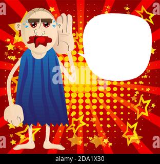 Cartoon caveman holds hand at his ear, listening. Vector illustration of a man from the stone age. Stock Vector