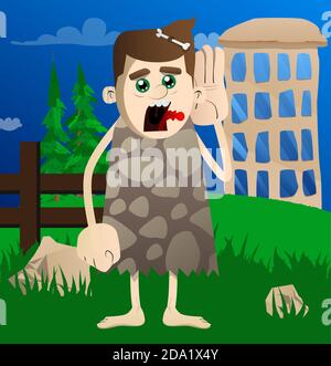 Cartoon caveman holds hand at his ear, listening. Vector illustration of a man from the stone age. Stock Vector