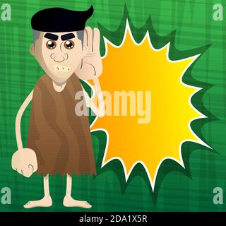 Cartoon caveman holds hand at his ear, listening. Vector illustration of a man from the stone age. Stock Vector