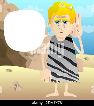 Cartoon caveman holds hand at his ear, listening. Vector illustration of a man from the stone age. Stock Vector