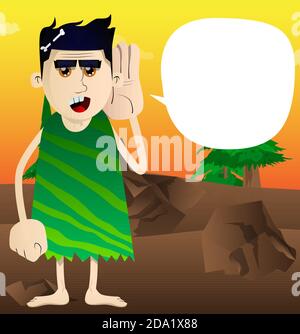 Cartoon caveman holds hand at his ear, listening. Vector illustration of a man from the stone age. Stock Vector