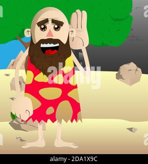 Cartoon caveman holds hand at his ear, listening. Vector illustration of a man from the stone age. Stock Vector