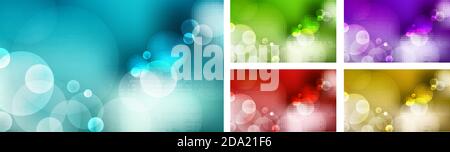 Set of abstract blurred blue sky, green nature, purple, red, yellow golden background with bokeh light effect. Vector illustration Stock Vector