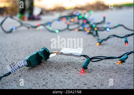 Fire hazard from connecting multiple strings of decorative lights together Stock Photo