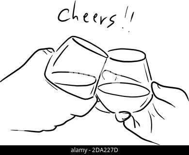 two hands cheering with glasses of alcohol vector illustration sketch doodle hand drawn with black lines isolated on white background Stock Vector