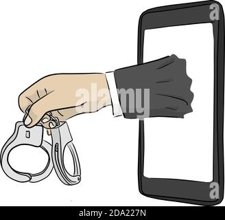 closeup hand of businessman holding handcuffs from smartphone screen vector Stock Vector