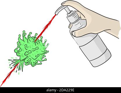 hand sanitizer gel pump dispenser killing green virus vector illustration sketch doodle hand drawn isolated on white background Stock Vector
