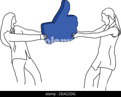 two women scramble for blue like sign vector illustration sketch doodle hand drawn with black lines isolated on white background Stock Vector