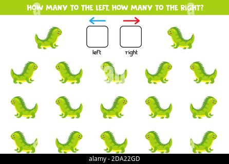 Left or right with iguana. Logical worksheet for preschoolers. Stock Vector