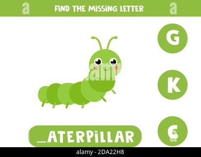 Find missing letter. Carton caterpillar illustration. Logical game. Stock Vector