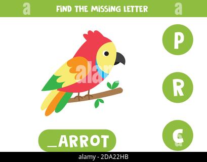 Find the missing letter. Cute colorful parrot. Stock Vector