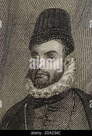 Felipe II (1527-1598). Rey de España (1556-1598), hijo de Carlos I y de la emperatriz Isabel. Retrato, detalle. Grabado por J. Furnó. Historia de las persecuciones políticas y religiosas en Europa. Editada en Barcelona,1864. Stock Photo