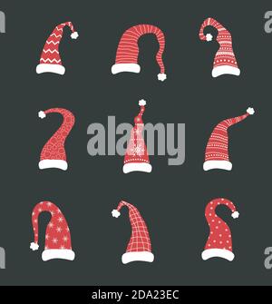 Set of red santa claus hats. Elves caps collection. Vector illustration in cartoon style. Stock Vector