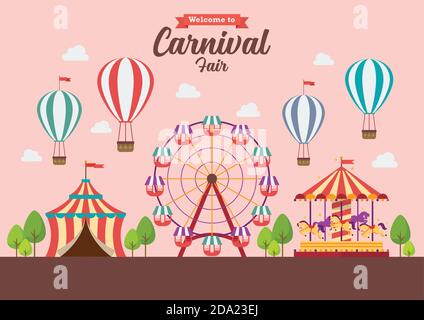 Welcome to Carnival Fair. Vector illustration. Flat style design, Amusement park, circus and fun fair theme set, with roller coasters, carousels, cast Stock Vector