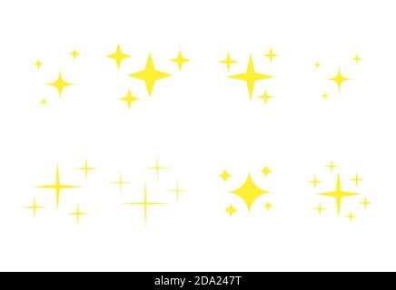 Yellow spark emoji icons set. Golden glowing stars symbols collection. Bright christmas stars twinkle in flat style vector isolated Stock Vector