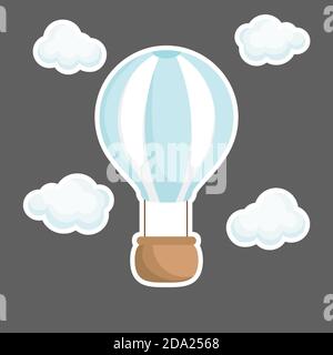 Blue striped hot air-balloon with brown basket with white clouds for design of notebook, scrapbook, card and invitation. Cute sticker template decorat Stock Vector