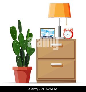 Bedroom locker furniture interior isolated. Cabinet with lamp, clock, picture frame and plant. Closed wood box. Wooden stand for storing items. Modern drawer cartoon element. Flat vector illustration Stock Vector