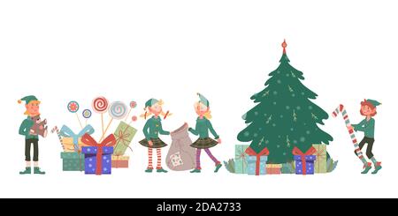 Christmas Santas Elves cute little boys and girls flat vector illustration. Stock Vector