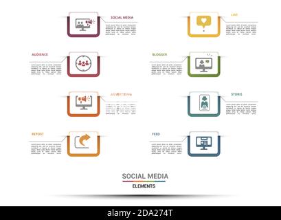 Infographic Social Media template. Icons in different colors. Include Like, Audience, Boosted Post, Feed and others. Stock Vector