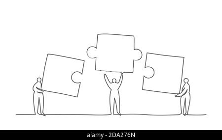 People connecting puzzle elements One line drawing Business, teamwork, partnership, work and team concept Stock Vector