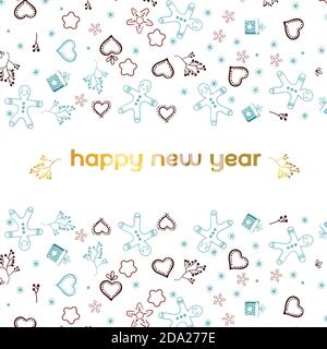 Festive postcard for the new year. Light background with curly elements. Blue, red burgundy color. Happy new year lettering. Stock Vector
