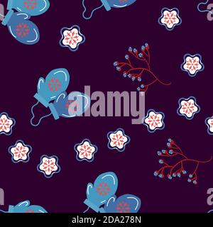 Winter background with cozy warm mittens. Twigs and berries. Christmas illustration for print and web. Beautiful dark background with winter elements. Stock Vector