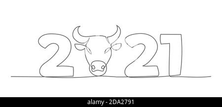 New Year One line drawing Christmas illustration with cow in line style on white background Stock Vector