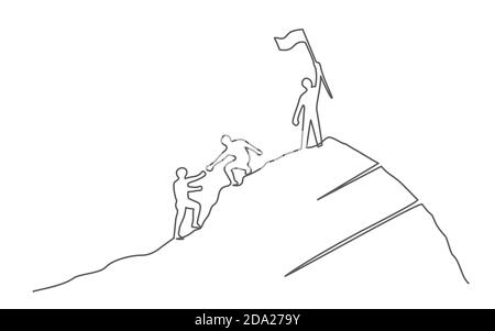 Group of people on the mountaintop One line drawing Business, teamwork, success, help and goal concept Stock Vector