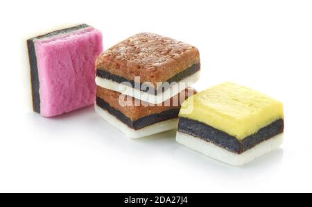various licorice candies isolated on white background Stock Photo