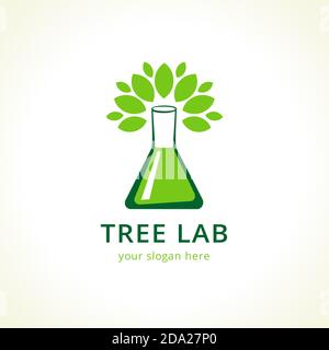 Natural lab logo. Green leaves, tree in a shape of testing flask. Tests, cosmetics, chemist's sign. Scientific environmental researches. Healthy life Stock Vector