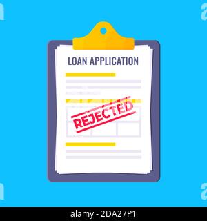 Rejected credit or loan form with clipboard and claim form on it, paper sheets isolated on light blue background. Stock Vector