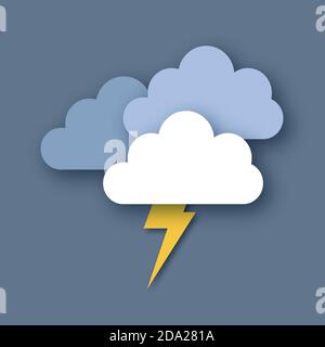 Rain Clouds and Lightening Bolt. Paper cut weather. Storm time. Stock Vector