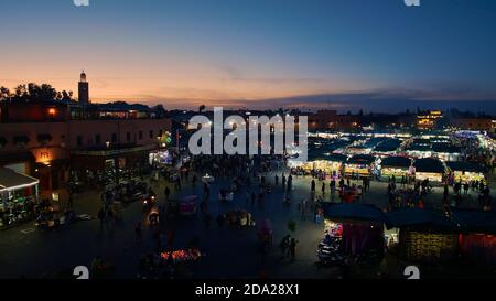 Marrakesh, Morocco - 12/25/2019: Aerial view of the of famous square and tourist attraction Jemaa el-Fnaa in the historic center (Medina) of Marrakesh. Stock Photo