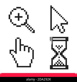 Black and white arrow, hand, magnifierand hourglass pixel mouse cursor icons vector illustration set Stock Vector