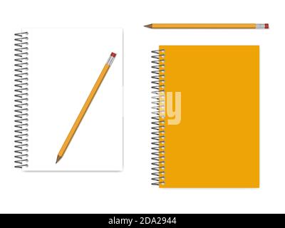 Spiral A5 notebook empty page and cover with graphite pencil, realistic vector mockup Stock Vector