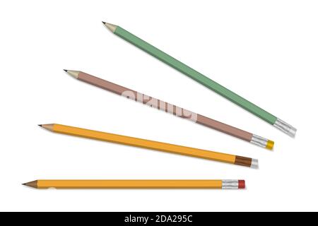 Sharpened wood cased drawing graphite pencil with eraser set isolated on white background, realistic vector illustration Stock Vector
