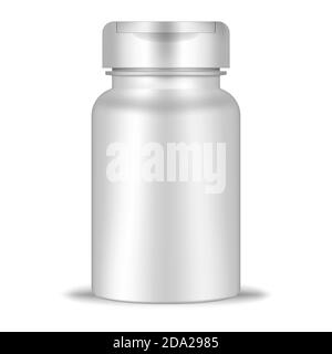 Round container with flip top cap, realistic mockup. White blank plastic bottle, vector template. Medical pill, dietary supplement, vitamin package Stock Vector