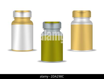Round container with screw flip top cap, realistic mockup. Blank drug bottle, vector template. Medical pill, dietary supplement, vitamin packaging Stock Vector
