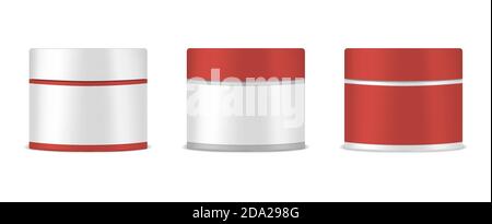Round jar with screw cap and blank label, vector mockup set. Cosmetic or medical product package, mock-up Stock Vector