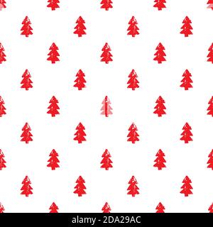 red shabby hand drawn fir-trees on white background. seamless paint winter pattern with spruce. paint Christmas forest vector ornament. holiday simple Stock Vector
