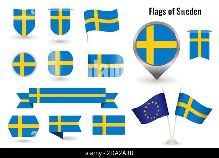 The Flag of Sweden. Big set of icons and symbols. Square and round Swedish flag. Collection of different flags of horizontal and vertical. Stock Vector