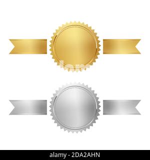 Golden and silver stamps with horizontal ribbons isolated on white background. Luxury chrome seals. Vector design elements. Stock Vector