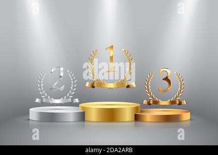 Winner background with golden, silver and bronze laurel wreaths with ribbons and first, second and third place signs on round pedestal isolated on Stock Vector