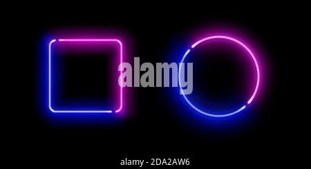 Realistic gradient neon square and circle frames. Pink and blue colored blank templates isolated on black background. Geometric glow outline shapes or Stock Vector