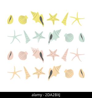 Hand drawn set of flat boho pastel sea shells and stars in different colours. Stock Vector