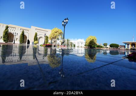 Royal buildings along the main pathway leading to the Al Alam palace in old Muscat, Oman. Stock Photo