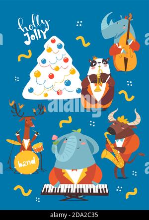 Christmas cartoon poster with Holly Jolly lettering and cute jazz musicians characters. Stock Vector