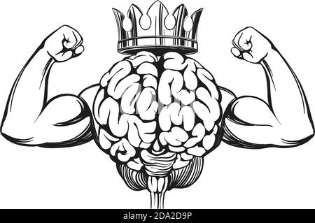 brain with strong hands, brain training, icon cartoon hand drawn vector illustration sketch Stock Vector