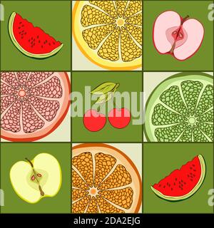 Checkered colorful seamless pattern with fruits, food background, hand drawing. Cut apples, slices of watermelon, grapefruit, orange, lime, lemon and Stock Vector