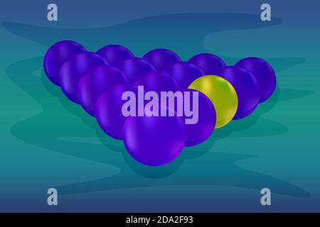 Yellow ball among many dark ones balls. Think differently. Being different, standing out from the crowd. See, think, do different business. Concept of Stock Vector